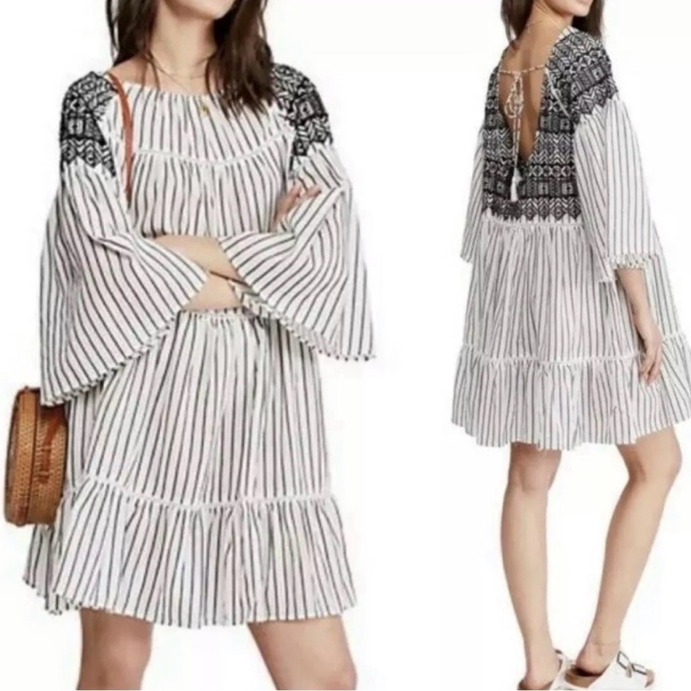 Free People Lola Embroidered Striped Babydoll Boho Mini Dress Small Coastal